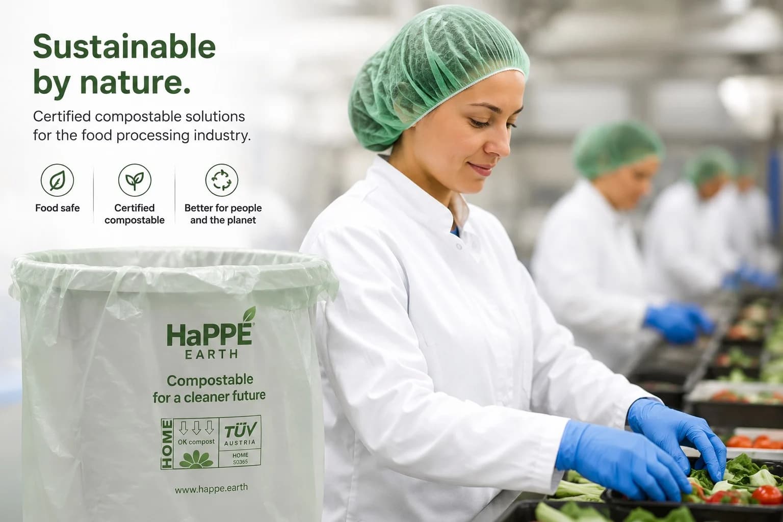 Sustainable by nature — certified compostable solutions for the food processing industry. A worker in a HaPPE compostable hairnet on a food production line, beside a HaPPE Earth compostable bin liner carrying the TUV Austria OK compost HOME mark.