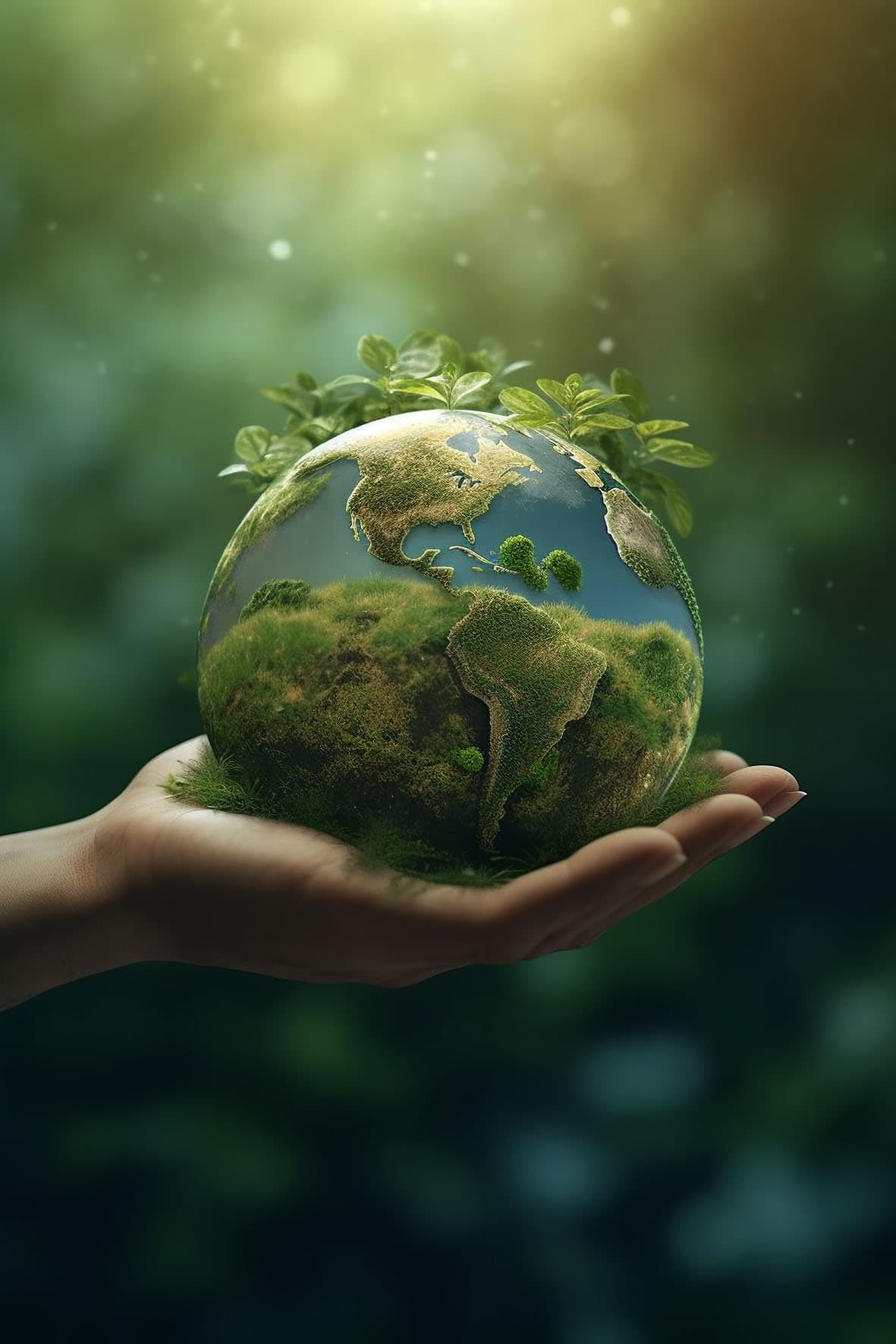 Hand holding a green earth globe, representing HaPPE Earth's mission to protect the planet