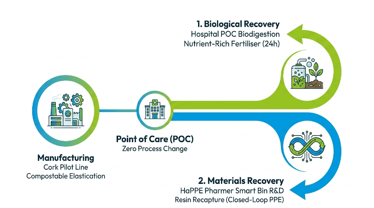 Circular HaPPE cycle from Manufacturing (Cork Pilot Line) to Point of Care, then Biological Recovery (hospital biodigestion β fertiliser in 24h) and Materials Recovery (HaPPE Pharmer smart bin / resin recapture).